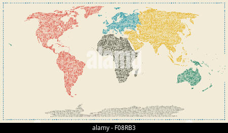 Weltkarte mit Kontinenten Namen in Schreibmaschinenschrift gemacht Stockfoto