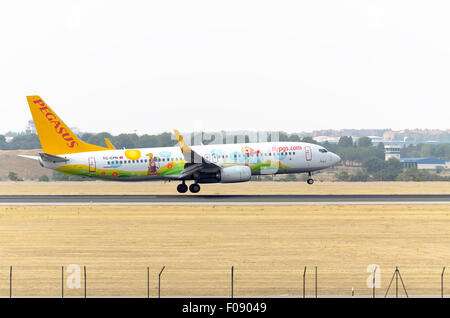 MADRID, Spanien - 8. August 2015: Flugzeug - Boeing 737 - 82R - der - Pegasus Airlines - Airline, landet am Flughafen Madrid-Barajas - Adolfo Suarez - am 8. August 2015. © Russet Apfel/Alamy Live News Stockfoto