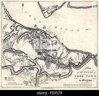 Plan der Belagerung von Yorktown in Virginia, Positionen der britische, französische und amerikanische Truppen Anfang Oktober 1781. Ebenfalls gezeigt werden HMS Guadeloupe und HMS Charon am Fluss York vor ihrer Zerstörung. Stockfoto