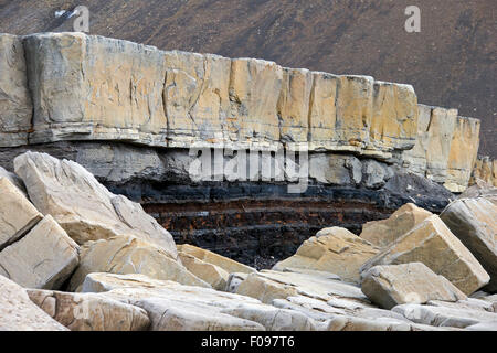 Rock-Schichtung entlang der Küste von Boltodden, Kvalvagen, Svalbard / Spitzbergen, Norwegen Stockfoto