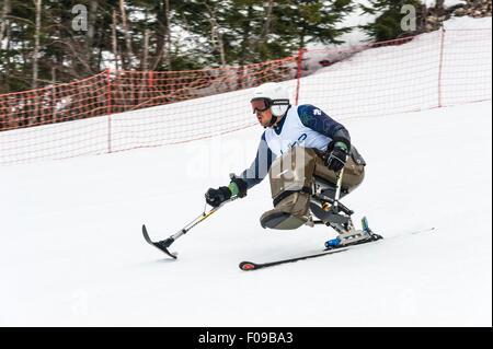 Ein behinderter Konkurrent mit speziell angepassten Skiausrüstung, Rennen bergab in ein Riesenslalom-Rennen Stockfoto