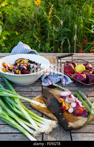 Linsensuppe und Obstsalat auf einem Holztisch Garten vorbereiten Stockfoto