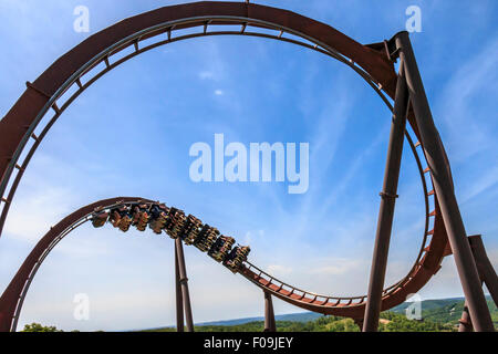 Wildfire, 12 Geschichte Stahl Achterbahn mit einer Höchstgeschwindigkeit von 66 Meilen pro Stunde und fünf Loops, Rollen und Korkenzieher, Silver Dollar City Stockfoto