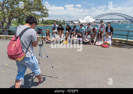 Fotograf mit Stativ & Gruppe von asiatischen Touristen bei Frau Macquaries Point mit ikonischen Ansicht des Hafens von Sydney im Hintergrund Stockfoto