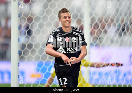 Bordeaux, Frankreich. 9. August 2015. Französischen Liga 1 Fußball Saisonauftakt Brordeaux im Vergleich zu Reims. Nicolas DE PREVILLE (Reims) feiert sein Tor © Action Plus Sport/Alamy Live News Stockfoto