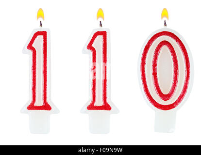 Kerzen Nummer einhundert zehn isoliert auf weißem Hintergrund Stockfoto