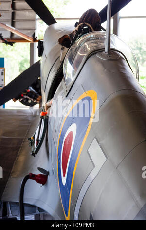 Innenraum der Spitfire und Hurricane Memorial Museum in Manston, Kent. Ein Supermarine Spitfire Mk XVI (LF) mit verschiedenen Exponaten herum angeordnet. Stockfoto