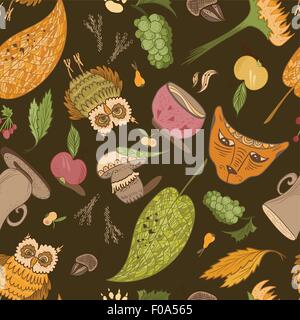 Nahtlose Skizze Doodle aneinander Textur mit Blättern, Eule, Fuchs, Pilz, Tassen Stock Vektor
