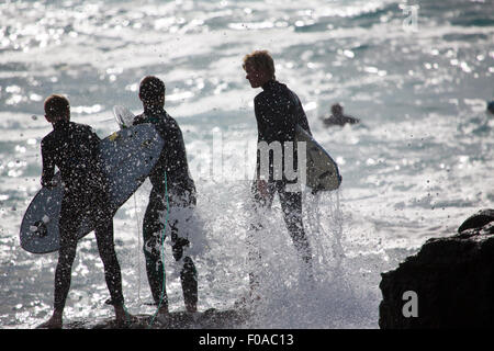 Drei Silhouette männliche Surfer am Meer Felsen, Fuerteventura, Spanien Stockfoto