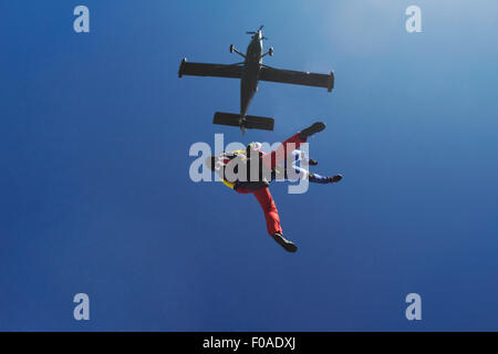 Freeflying Fallschirmspringer im blauen Himmel Stockfoto