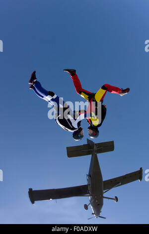 Freeflying Fallschirmspringer im blauen Himmel Stockfoto