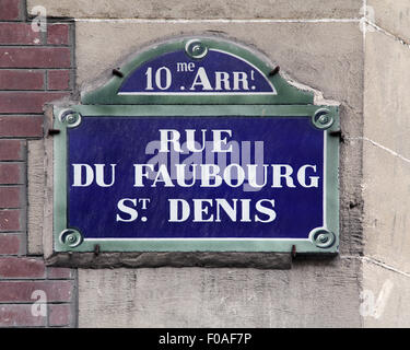 Straßenschild Rue du Faubourg St.Denis Paris Frankreich Stockfoto