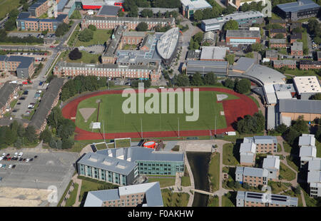 Luftbild von der Leichtathletik-Laufbahn an der Edge Hill University, in der Nähe von Ormskirk Lancashire, UK Stockfoto