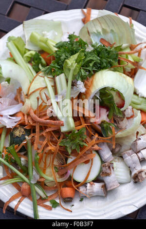 Ein Teller voll vergeblicher Gemüseschalen und Schrotte warten kompostiert werden Stockfoto