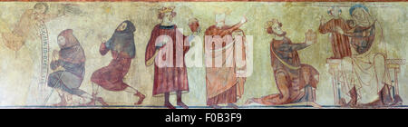Die christlichen Geschichten der Hirten und die Heiligen drei Könige in einer mittelalterlichen Wandmalerei, Easby Kirche, Richmond, North Yorkshire, UK Stockfoto