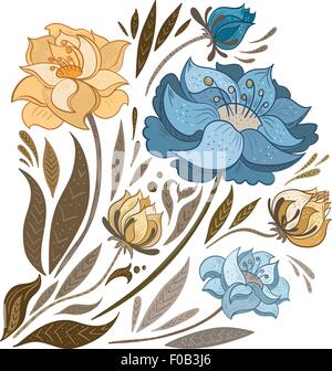 Vector Skizze handgemalte florale Elemente und Blätter in Retro-Farben Stock Vektor