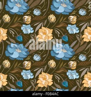Nahtlose gezeichneten Umriss skizzieren Textur mit kreativen Vintage gelbe und blaue Blumen Stock Vektor