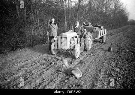 Ein Bauer mit seiner Frau sitzt auf einem Traktor in einem Feld. Ihr Labrador Hund steht im Vordergrund. Stockfoto