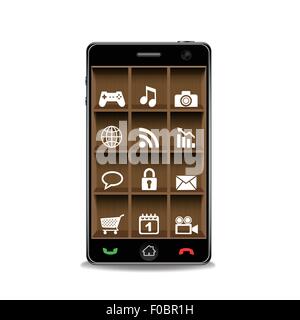 Smart Phone und Anwendungen Symbol Holzregal Stock Vektor