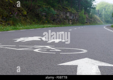 Wicklung von Fahrrad- und Fußgängerweg mit Schild auf Asphalt, der Hintergrund jedoch unscharf Stockfoto