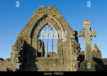 Athenry Dominikaner Kloster, gewidmet der Heiligen Petrus und Paulus, fand im Jahre 1241 bleibt Details und Steinkreuz Stockfoto