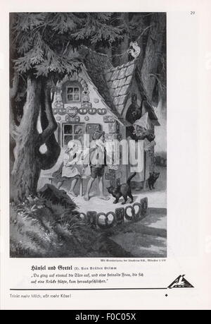 Literatur, Märchen, Brüder Grimm, Hänsel und Gretel, Hänsel und Gretel im Lebkuchenhaus, Illustration von Otto Kubel (1868 - 1951), aus: Bilderatlas zu den bayerischen Lesebüchern, 1. Ausgabe, Märchen, Herausgeber: Bayerische Milchversorgung, Nürnberg, Druck: F.Clearmann AG, München, Ende 1930er Jahre, keine Zusatzrechte Stockfoto