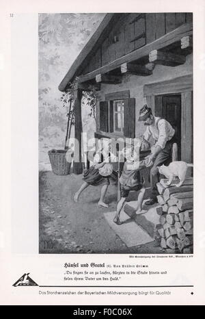 Literatur, Märchen, Brüder Grimm, Hänsel und Gretel, Hänsel und Gretel kommen nach Hause, Illustration von Otto Kubel (1868 - 1951), aus: Bilderatlas zu den bayerischen Lesebüchern, 1. Ausgabe, Märchen, Herausgeber: Bayerische Milchversorgung, Nürnberg, Druck: F.Bruckmann AG, München, Ende 1930er Jahre, Additional-Not-Available Rights-Clearences Stockfoto