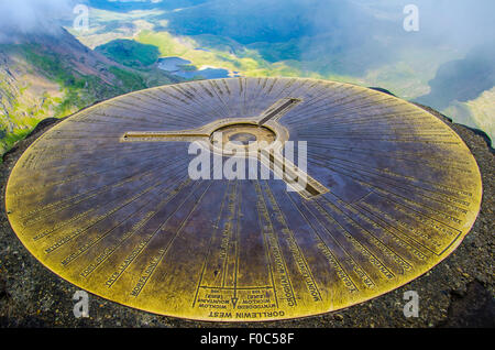 Gipfel von Mount Snowdon Kreisplatte auf trigonometrischen Punkt Nahaufnahme Detail Informationen klar keine Menschen Stockfoto