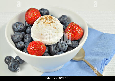 Nahaufnahme von einer weißen Schüssel mit Vanille-Eis, Erdbeeren und Heidelbeeren, Makro, full-Frame, horizontale Stockfoto