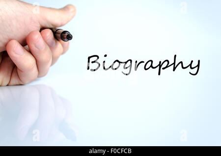 Biographie-Textkonzept isoliert auf weißem Hintergrund Stockfoto