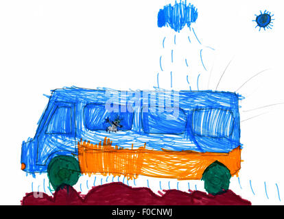 Hund im Auto Reisen. Kinder Zeichnung. Stockfoto