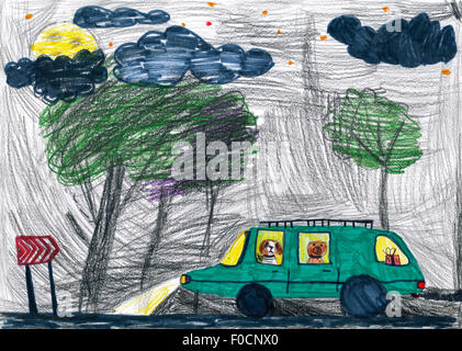 Hunde Reisen im Auto in der Nacht. Kinder Zeichnung. Stockfoto