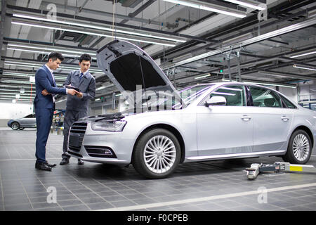Kfz-Mechaniker im Gespräch mit Kfz-Halter Stockfoto