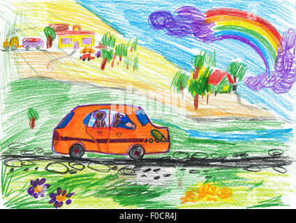 Hund im Auto Reisen. Kinder Zeichnung Stockfoto