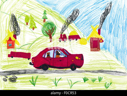 Hund im Auto Reisen. Kinder Zeichnung Stockfoto
