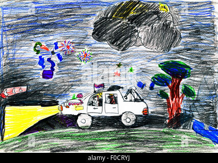 Hunde Reisen im Auto in der Nacht. Kinder Zeichnung. Stockfoto