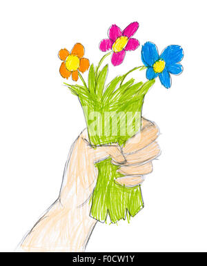 Hand mit Blumenstrauß. Kind, Zeichnung Stockfoto