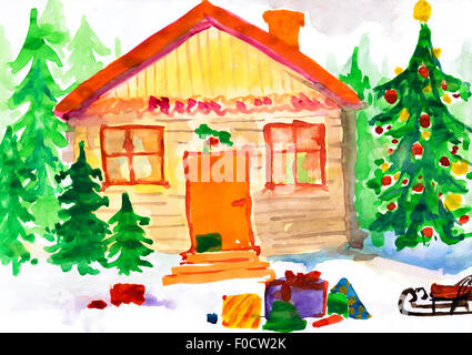 Weihnachten verzierten Winterdomizil im Wald. Kindliche Zeichnung. Stockfoto