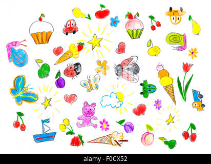 handgezeichnete kindisch Objektsatz. Kind, Zeichnung Stockfoto