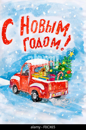 rotes Auto mit Weihnachtsbaum und Geschenke auf Schnee. Kind, Zeichnung Stockfoto