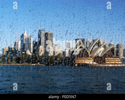 Sydney Skyline der Stadt vom Wasser verschwommen Tropfen am Fenster Stockfoto