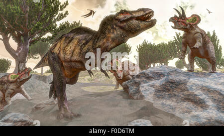 Tyrannosaurus Rex versucht aus einer Gruppe von Triceratops zu entkommen. Stockfoto