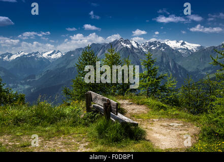 Bank am Goldried mit Blick auf den Großvenediger, Nationalpark Hohe Tauern, Osttirol, Tirol, Österreich Stockfoto