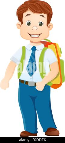 lächelnde Schuljunge mit Rucksack auf weiß. Vektor-Cartoon-illustration Stock Vektor