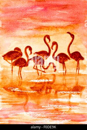 Flamingo im Sonnenuntergang, Aquarell Vektor-illustration Stock Vektor