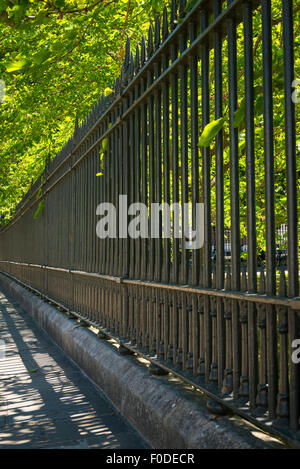 London Southbank Greenwich University Metall Eisen Stahl schwarz Geländer Bäume Perspektive Stockfoto