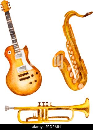 Gitarre, Saxophon und Trompete, Aquarell Vektor Stock Vektor