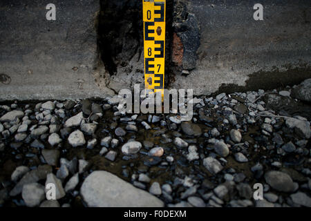 Dresden, Deutschland. 13. August 2015. Steinen liegen im Flussbett der Elbe in Dresden, Deutschland, 13. August 2015. Die Wasserstände sind nur 50 cm in einigen Bereichen. Foto: ARNO BURGI/Dpa/Alamy Live-Nachrichten Stockfoto