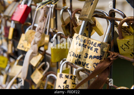 Tausende von Vorhängeschlössern an einem Zaun in der Nähe von Pont des Arts symbolisieren 'Liebe für immer"in Paris in Frankreich Stockfoto