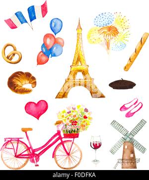 Aquarell Paris Symbole Vektor-Illustration. Eiffelturm, Fahrrad mit Blumen, Luftballons, Fahnen, Feuerwerk und Bäckerei Mühle Stock Vektor